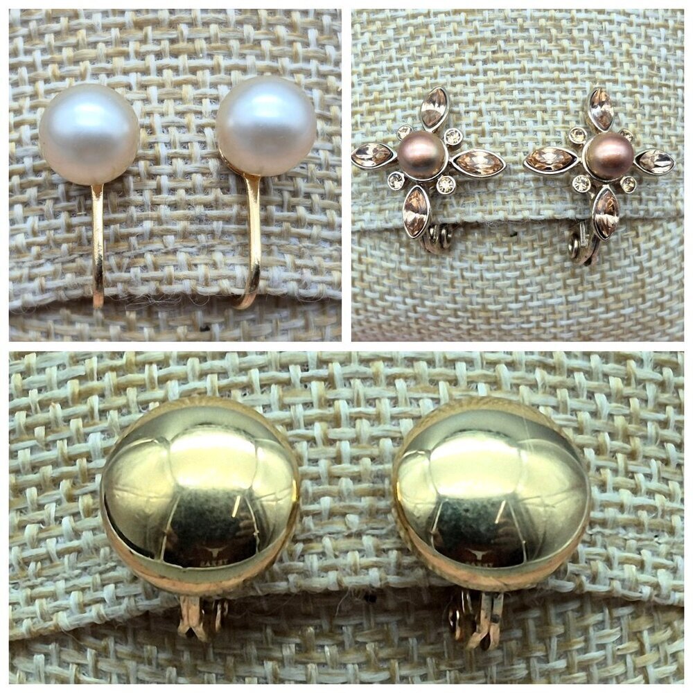 Lot 3 Minimalist Clip On Earrings Pearl Amber Crystal Gold Tone Vintage Signed